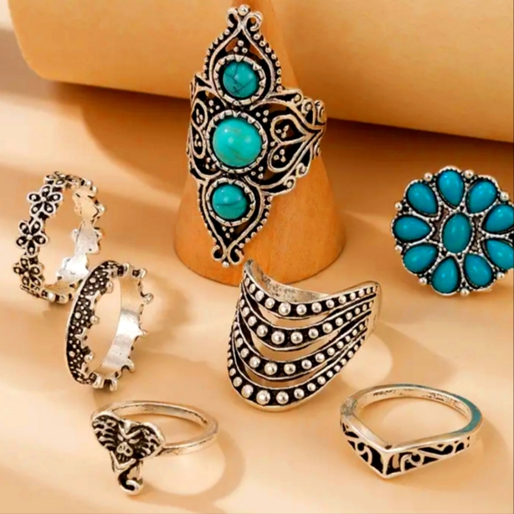Vintage Turquoise Elephant Geometric Ring 7pcs/SetBoho Style Decor Jewelry - Picture 6 of 10